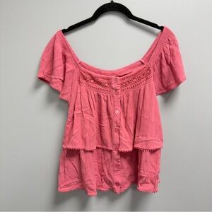 Self Esteem Pink Off Shoulder Boho Peasant Top Crochet Lace Button Front Women’s